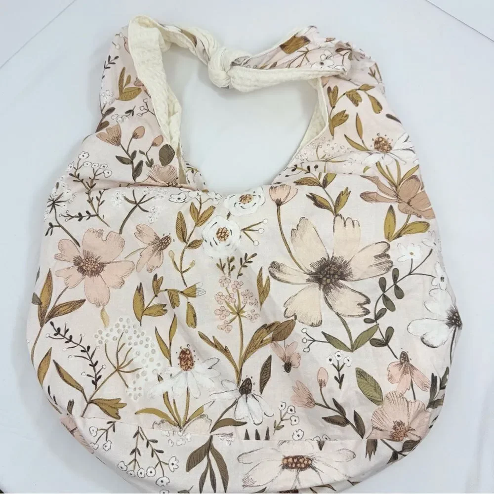 Baggagean and Co. Pink Floral Cream Waffle Knit Soft Reversible Fabric Hobo Bag